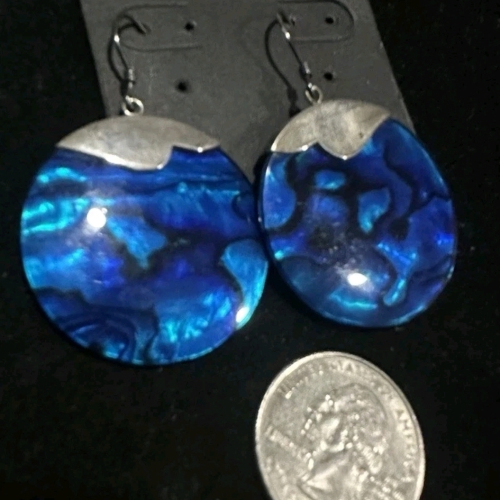 Artisan 925 Sterling Silver Abalone Blue Round Disk Shell Round Dangle Earrings - Picture 3 of 4
